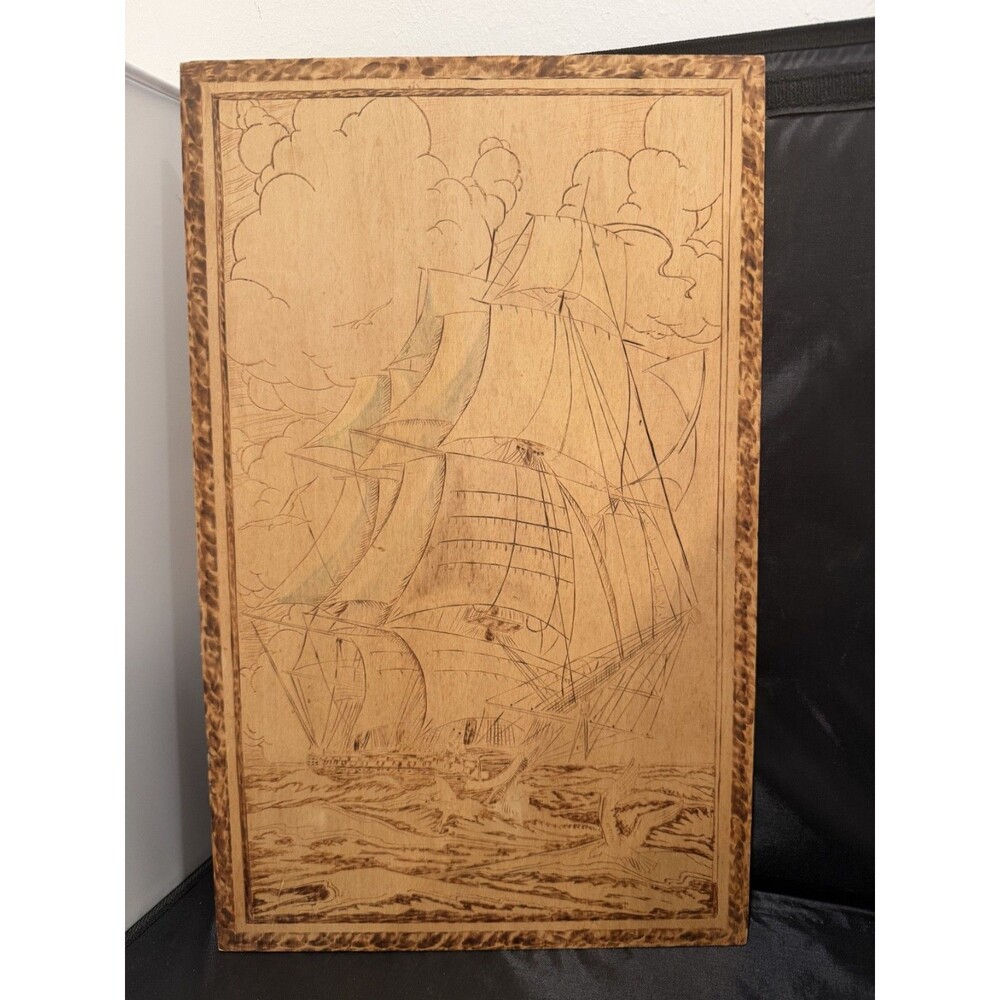 Vintage 1930s Dibble Studio USS Constitution Pyrography Wood Plaque Harry Ungar